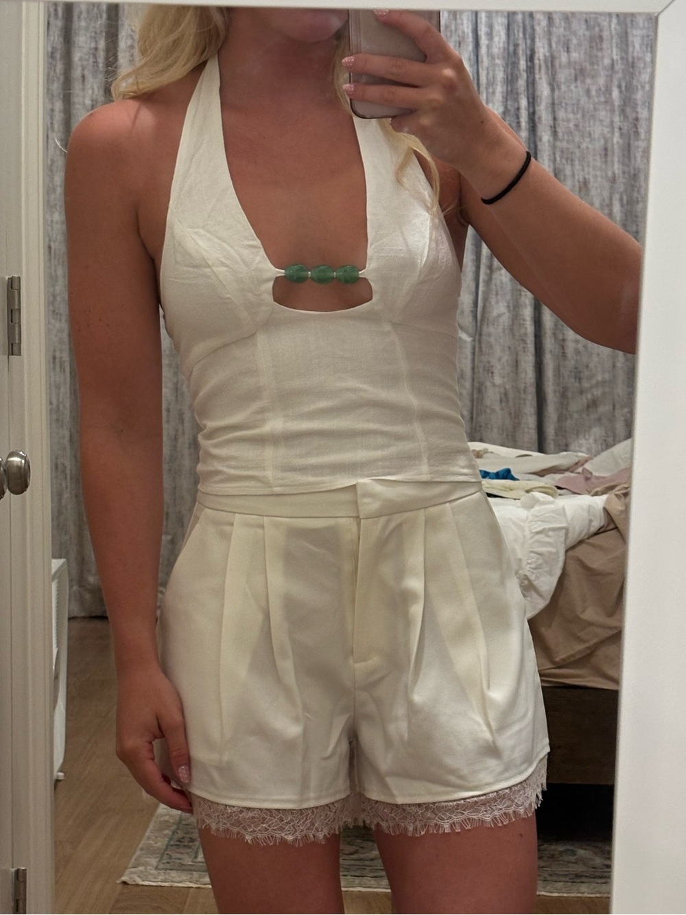 Ivory Halter top with green beading